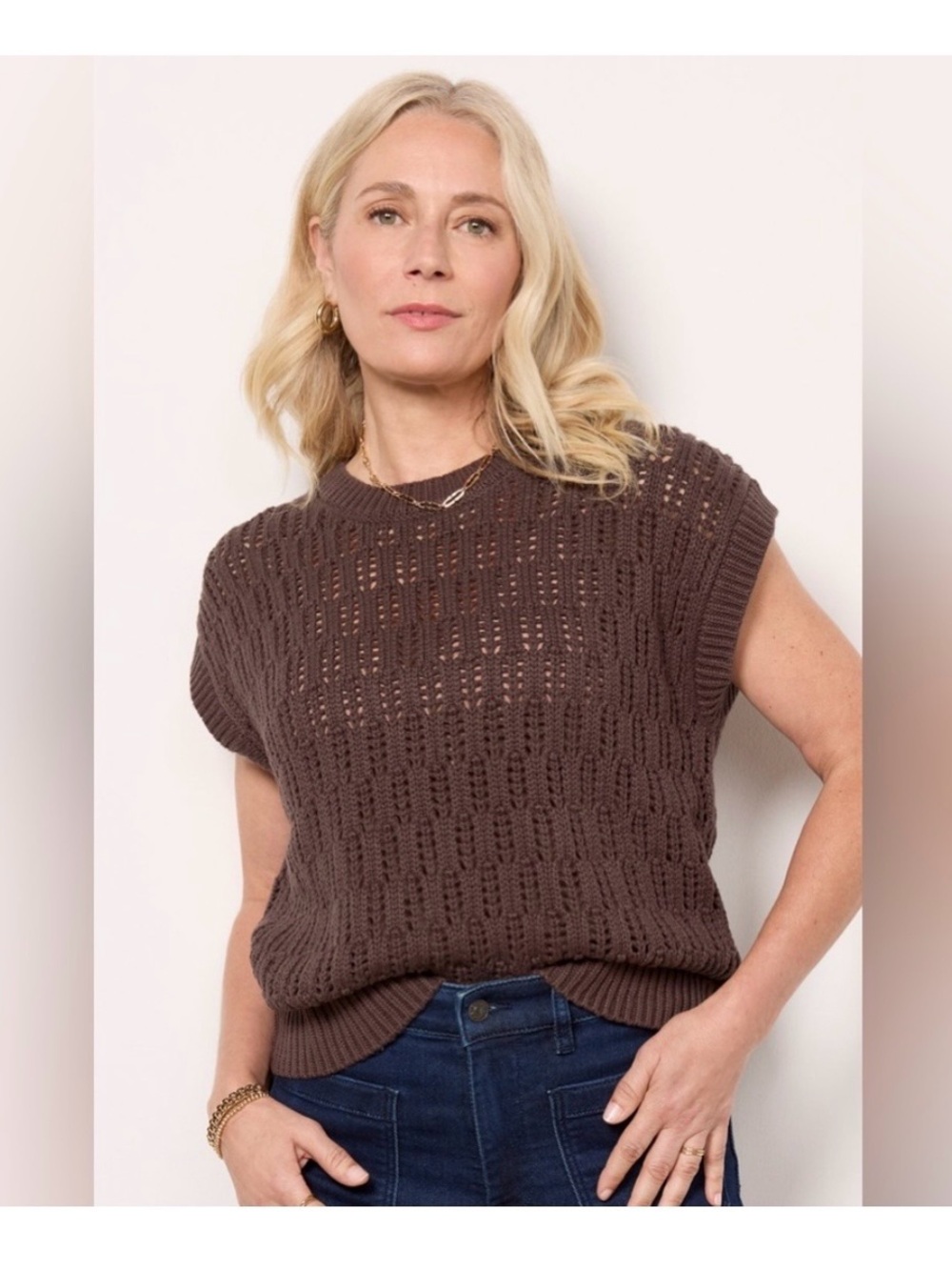 Evereve Sima Cap Sleeve Crochet Sweater in  Chocolate Brown Size XS 100% Cotton